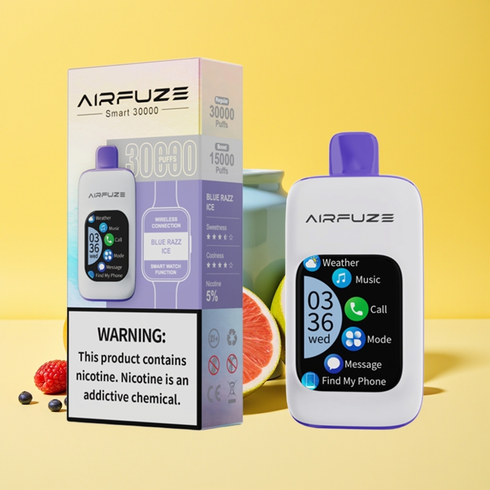 AirFuze Smart 30000 Puff Pod Dispositivo Monouso con Schermo TFT Touch 2.01\", Gusto Lampone Blu Ghiacciato, Porta Type-C, 5% Nicotina